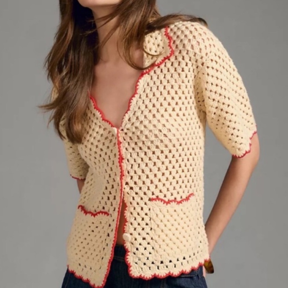 Anthropologie Cream Crochet Cardigan with Red Trim